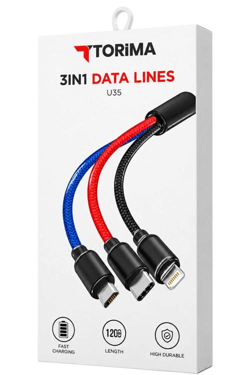 Torima 4FT 3in1 Fast Charging Braided Cable with USB-C, 8-Pin and Micro USB U35